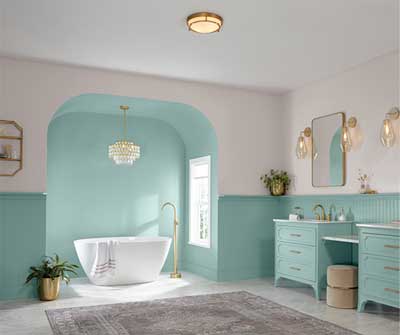 Peaceful spa-like bathroom with pairs neutrals and metals with Renew Blue. 